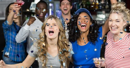 Poster - Animation of confetti falling over happy diverse group of friends drinking in bar