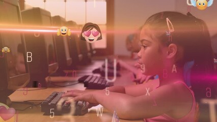 Poster - Animation of emoji floating over latin girl using computer