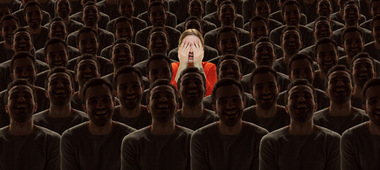 Conceptual collage with crowd of identical people with same emotions and one different young girl, difference and diversity concept. Stand out from the crowd concept