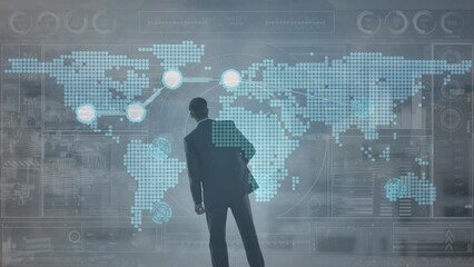 Poster - Animation of globe and data processing over businesses man and map