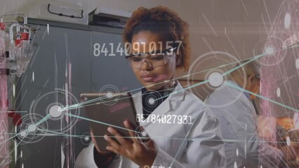 Poster - Animation of data processing over woman using laptop