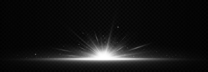 Horizontal burst of exploding stars. Bright light rays. White flare, light and spark.