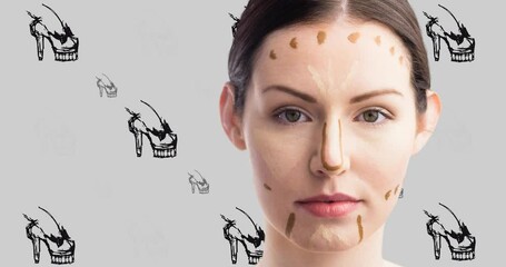 Poster - Animation of woman with makeup over high heel shoes on grey background