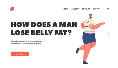 Wall Mural - Plus Size Male Character Loss Belly Fat Landing Page Template. Overweight Man Active Sport Life, Stages of Weight Loss