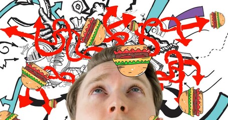 Poster - Animation of caucasian man and red arrows over hamburger and business icons