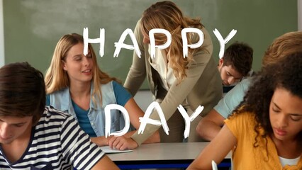 Poster - Animation of happy substitute day text over students with cauacasian female teacher