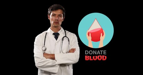 Poster - Animation of donate blood text with caucasian male doctor on black background