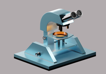 Poster - Microscope front view. Laboratory worker's microscope on gray. Microscope with illuminated object. Equipment for laboratory assistant and scientist. Sale of laboratory equipment. 3d rendering.
