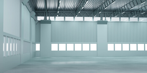 Poster - Empty hangar. Panoramic visualization of interior hangar. Hangar for industrial enterprise. Empty warehouse interior without shelving. Concept renting industrial structures. Warehouse rent. 3d image