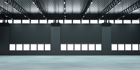 Aufkleber - Empty industrial building. Empty hangar with windows. Modern industrial hangar design. Empty hangar with metal walls. Panoramic visualization of warehouse without anything. 3d rendering.