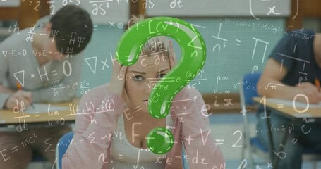 Poster - Animation of question mark and mathematical equations over diverse students in classroom