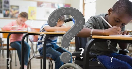 Poster - Animation of question marks over diverse schoolchildren sitting in classroom