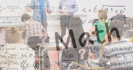 Poster - Animation of math text and mathematical equations over diverse students in classroom