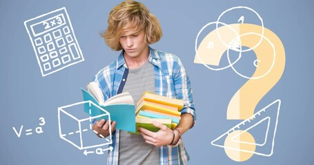 Poster - Animation of school icons and question marks over caucasian male student