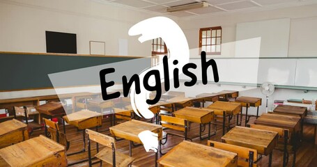 Poster - Animation of english text and question mark over empty classroom