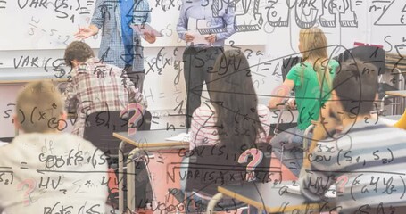 Poster - Animation of mathematical equations and diverse students with teacher in classroom
