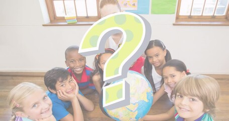 Sticker - Animation of question mark over diverse schoolchildren and teacher in classroom