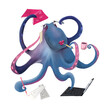 Lovely octopus. Multitasking skills. Cute cartoon character.