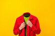 Conceptual photo image surreal headless male portrait hiding identity anonymity incognito person hidden invisible face trendy clothing on yellow background