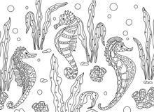 Seahorse. Adult Antistress Coloring Page. Black And White Hand Drawn Doodle For Coloring Book