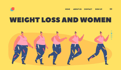 Wall Mural - Weight Loss Landing Page Template. Transformation Stages of Obese Woman Turn into Healthy Body, Sport Training