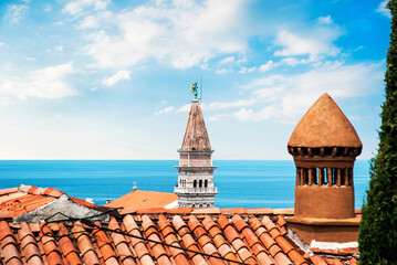 Wall Mural - beautiful landscape with a spire of saint george's church of piran, slovenia. amazing places.