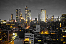 Epic Skyline Of New York City Black And White Night View With Yellow Lights
