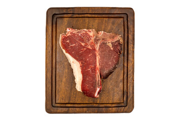 Canvas Print - Dry-aged Raw T-bone or porterhouse beef meat Steak with tomatoes and peppers. white background. Yakın çekim