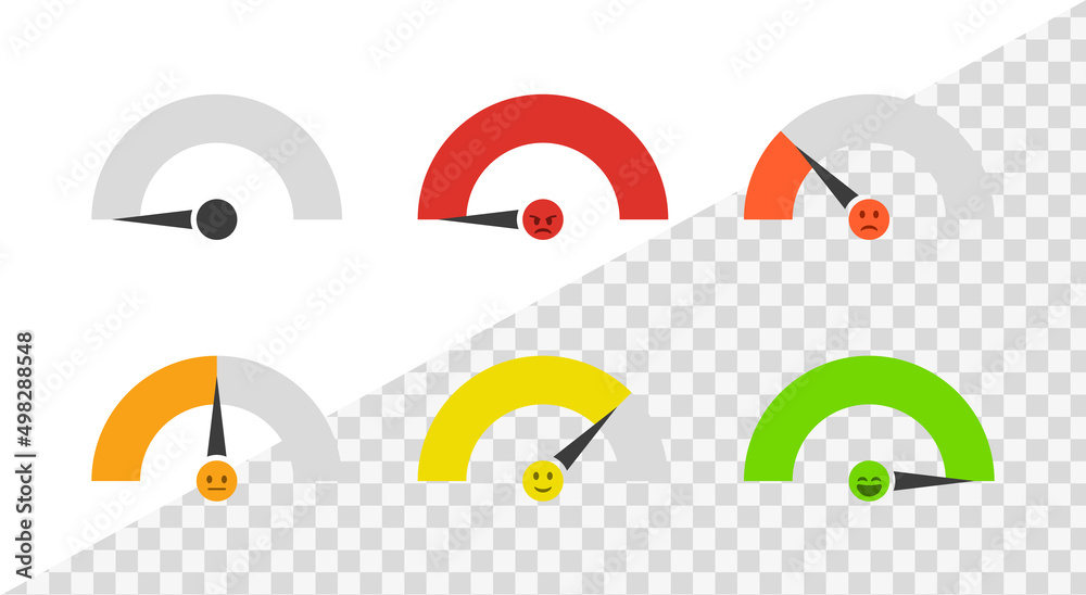 Feedback emoji slider with Satisfaction meter scale or emoticon level ...