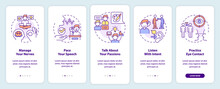 Steps To Charisma Onboarding Mobile App Screen. Become Charismatic Person Walkthrough 5 Steps Graphic Instructions Pages With Linear Concepts. UI, UX, GUI Template. Myriad Pro-Bold, Regular Fonts Used