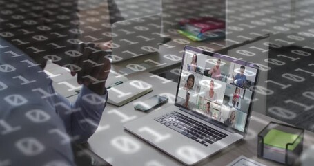 Poster - Animation of binary coding over african american businessman having laptop video call