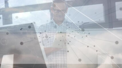 Poster - Animation of clouds and network of connections over businessman in office