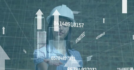 Poster - Animation of numbers and arrows over caucasian female worker