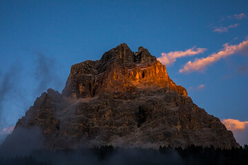 sunset in dolomites mountains, alps, northern italy