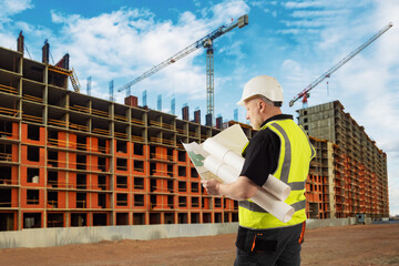 Poster - Urban construction. An architect at a construction site. Civil engineer with drawings. Foreman on the background of a house under construction. New multi-storey building. City architecture