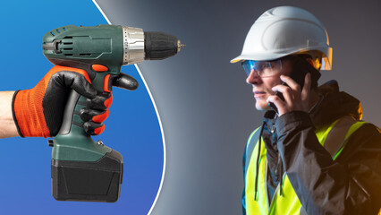 Poster - Call the repairman. Cordless screwdriver on the background of the builder. The worker accepts the order by smartphone. A builder with a mobile phone. Home and office renovation.