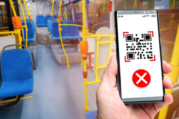 Poster - Stowaway travel in transport. A smartphone with a payment rejection symbol on the screen. A bus ride without payment. A stowaway with a smartphone. Person on an empty bus.