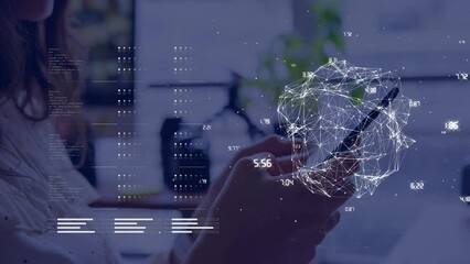 Poster - Animation of financial data processing over caucasian woman using smartphone