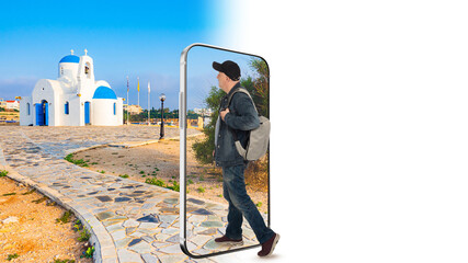 Poster - Online travel. A tourist steps into a smartphone and inspects attractions. An application for travelers on a smartphone. Booking travel online. Place for text. Travel booking in the mobile app.