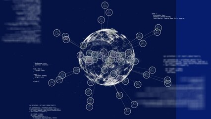 Poster - Animation of financial data processing and globe on blue background