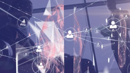 Poster - Animation of network of connections with icons over two business people in office