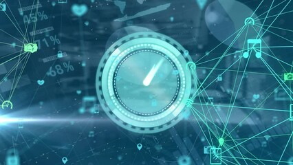 Poster - Animation of clock moving and data processing on blue background