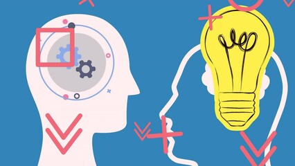 Poster - animation of heads silhouettes, light bulb and shapes on blue background