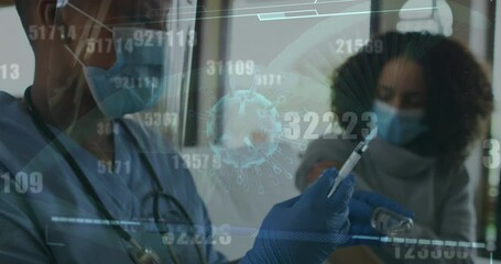 Poster - Animation of growing numbers and virus cells over diverse doctor and patient wearing face masks