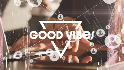 Poster - Animation of good vibes text over caucasian woman using laptop and media icons