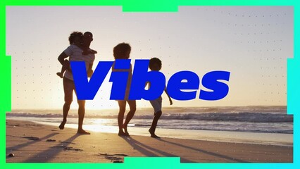 Poster - Animation of vibes text over african american family walking at beach