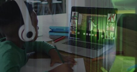 Poster - Animation of african american schoolboy on laptop online learning over computer servers