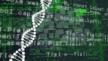 Sticker - Animation of dna strand and data processing over black background