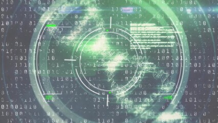 Poster - animation of scope scanning, binary coding and data processing over black background