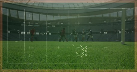 Canvas Print - Animation of drawing of game plan over diverse male players and stadium